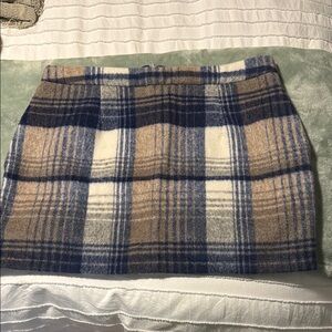 Plaid Wool Blend Skirt - Blue, Brown, and Cream